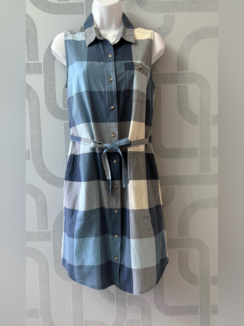 Sleeveless Blue Plaid Button-Front Shirt Dress with Tie Belt